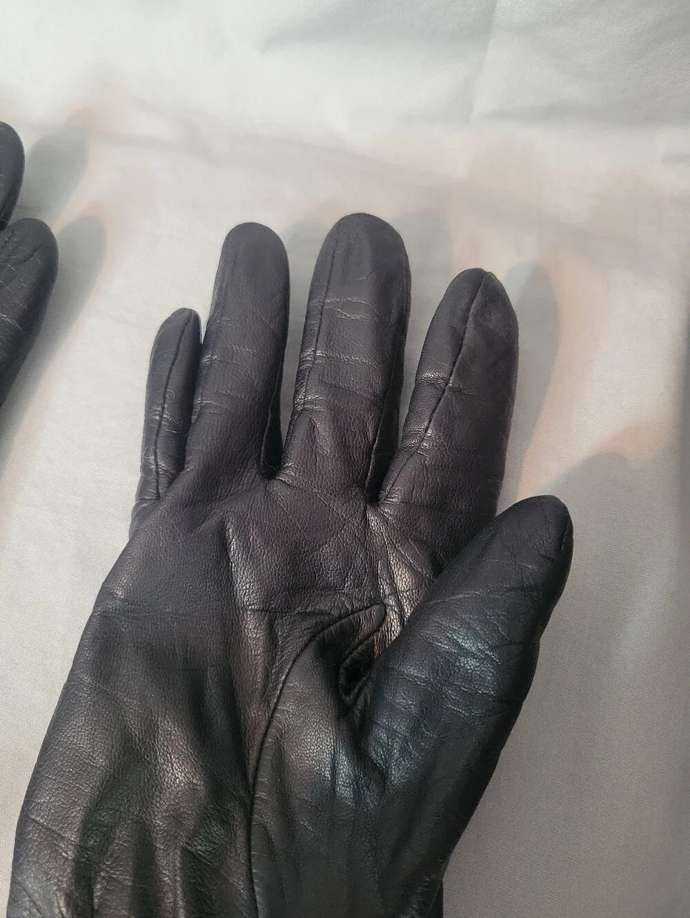 Vintage Black Leather Gloves with Gray Knit Cuffs